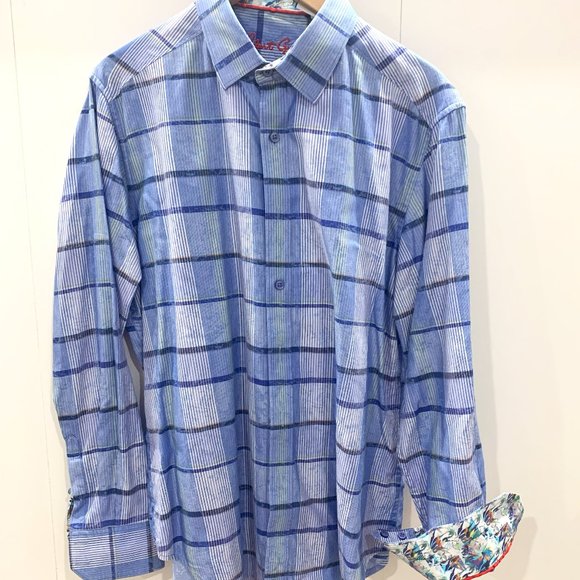 Robert Graham Blue Checkered Men's Button Down shirt Large with flip cuff - Picture 1 of 7